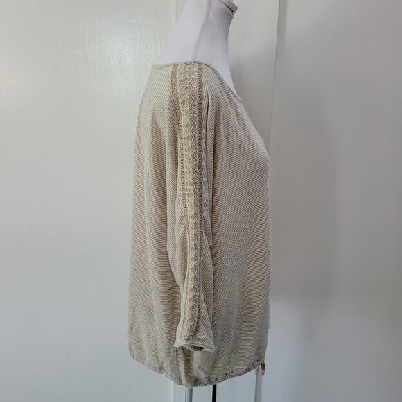 J. Jill Size L Tan Striped Knit Batwing Top Crochet Trim Casual Boho Mature - Picture 2 of 9